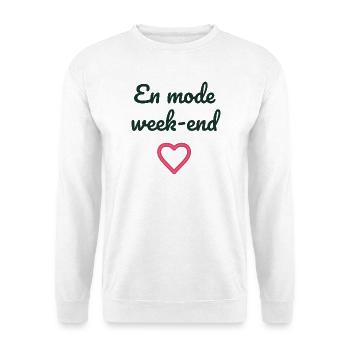 WOCHENENDE. HUMOR. LUSTIG. KOMISCH. ZITAT. HERZ - Unisex Pullover - Weiß - Vorne - Alina (178cm) & Michal (187cm)