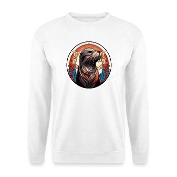 Robbe Seehund Retro Illustration - Unisex Pullover - Weiß - Vorne - Alina (178cm) & Michal (187cm)