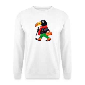 Wandelnde Krähe im roten Schal - Unisex Pullover - Weiß - Vorne - Alina (178cm) & Michal (187cm)