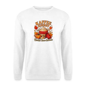 Kaffee zuerst Lustiges Herbst Shirt für Kaffeefans - Unisex Pullover - Weiß - Vorne - Alina (178cm) & Michal (187cm)