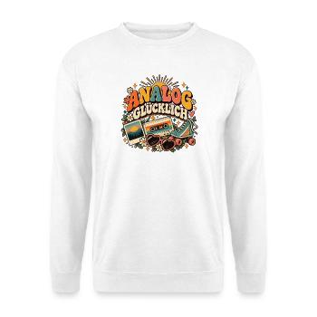Analog glücklich – Retro Shirt für Nostalgie-Fans - Unisex Pullover - Weiß - Vorne - Alina (178cm) & Michal (187cm)
