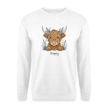 Happy Highland Kuh Lavendel - Unisex Pullover - Weiß - Vorne - Alina (178cm) & Michal (187cm)