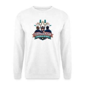 Turnhallen Team – Gemeinsam am Gerät - Unisex Pullover - Weiß - Vorne - Alina (178cm) & Michal (187cm)