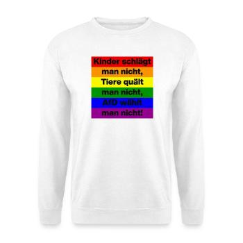 AFD WÄHLT MAN NICHT, KINDER UND TIERE, NO NZS - Unisex Pullover - Weiß - Vorne - Alina (178cm) & Michal (187cm)