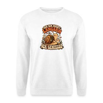 Ich bin nicht langsam – ich genieße | Schnecken - Unisex Pullover - Weiß - Vorne - Alina (178cm) & Michal (187cm)