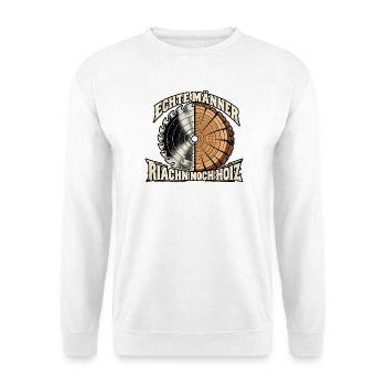 echte Männer riachn noch Hoiz - riechen nach Holz - Unisex Pullover - Weiß - Vorne - Alina (178cm) & Michal (187cm)
