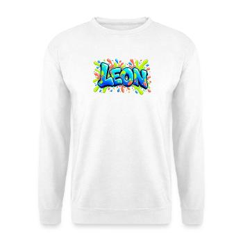 LEON Graffiti Fluo: Der Name, der für Aufsehen sorgt! - Unisex Pullover - Weiß - Vorne - Alina (178cm) & Michal (187cm)