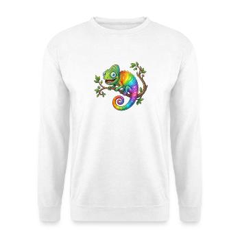 Regenbogen-Chamäleon auf Ast - Unisex Pullover - Weiß - Vorne - Alina (178cm) & Michal (187cm)