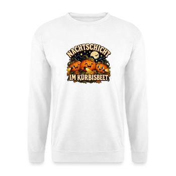 Nachtschicht im Kürbisbeet  Halloween Design Motiv - Unisex Pullover - Weiß - Vorne - Alina (178cm) & Michal (187cm)