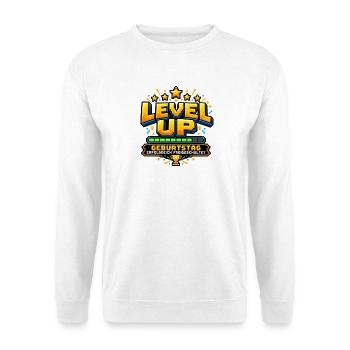 Level Up – Geburtstag erfolgreich freigeschaltet  - Unisex Pullover - Weiß - Vorne - Alina (178cm) & Michal (187cm)