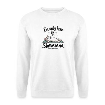 I'm only here for Shavasana – Yoga Katze - Unisex Pullover - Weiß - Vorne - Alina (178cm) & Michal (187cm)