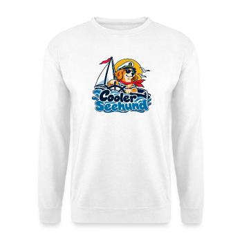 Cooler Seehund – Segelhund Kapitän - Unisex Pullover - Weiß - Vorne - Alina (178cm) & Michal (187cm)