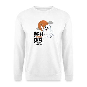 Kleiner Gruselgeist mit lustigem Halloween-Gruß - Unisex Pullover - Weiß - Vorne - Alina (178cm) & Michal (187cm)