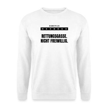 Rettungsgasse. Nicht freiwillig. — Statement - Unisex Pullover - Weiß - Vorne - Alina (178cm) & Michal (187cm)