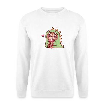 Süßer Faultier im Dinosaurierkostüm liebt Boba-Tee - Unisex Pullover - Weiß - Vorne - Alina (178cm) & Michal (187cm)
