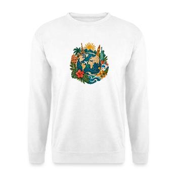 Weltreise Globus mit Landmarken - Unisex Pullover - Weiß - Vorne - Alina (178cm) & Michal (187cm)