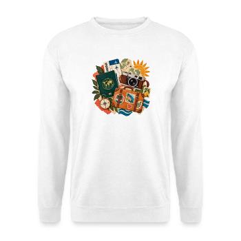 Wanderlust Collage Kamera Koffer - Unisex Pullover - Weiß - Vorne - Alina (178cm) & Michal (187cm)