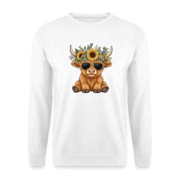 Hippie Highland Kuh mit Sonnenblumen - Unisex Pullover - Weiß - Vorne - Alina (178cm) & Michal (187cm)