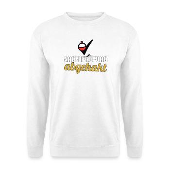 Angler Geschenk nach bestandener Angelprüfung - Unisex Pullover - Weiß - Vorne - Alina (178cm) & Michal (187cm)