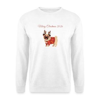 Merry Christmas 2026 Mops Weihnachten Hund - Unisex Pullover - Weiß - Vorne - Alina (178cm) & Michal (187cm)