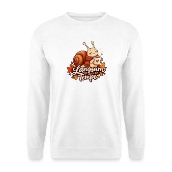Langsam ist auch ein Tempo – Schnecke mit Kaffee  - Unisex Pullover - Weiß - Vorne - Alina (178cm) & Michal (187cm)