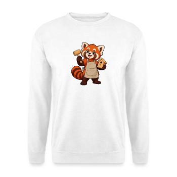 Holzbearbeitung Rotpanda mit Vogelhaus - Unisex Pullover - Weiß - Vorne - Alina (178cm) & Michal (187cm)