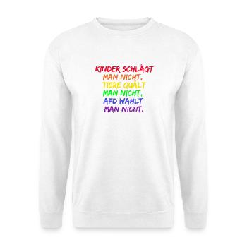 AFD WÄHLT MAN NICHT, KINDER UND TIERE, NO NZS - Unisex Pullover - Weiß - Vorne - Alina (178cm) & Michal (187cm)