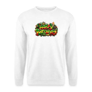 Herzlichen Glückwunsch zum Geburtstag Graffiti Rasta: Nur gute Stimmung! - Unisex Pullover - Weiß - Vorne - Alina (178cm) & Michal (187cm)