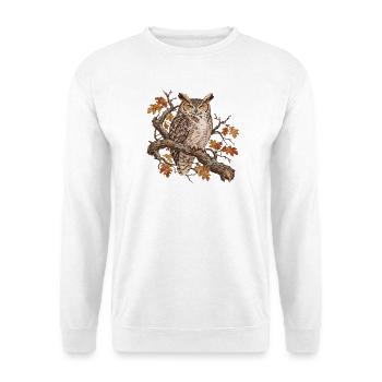 Weise Eule im Herbstzweig - Unisex Pullover - Weiß - Vorne - Alina (178cm) & Michal (187cm)