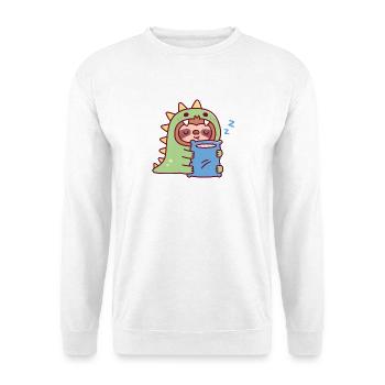 Süßer schläfriger Faultier im Dinosaurierkostüm umarmt Kissen - Unisex Pullover - Weiß - Vorne - Alina (178cm) & Michal (187cm)