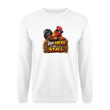Der Herr im Stall – peppiger Hahn - Unisex Pullover - Weiß - Vorne - Alina (178cm) & Michal (187cm)