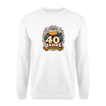40 Jahre – Bestens aufgelegt - Unisex Pullover - Weiß - Vorne - Alina (178cm) & Michal (187cm)