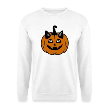 Halloween Katze Kürbiskopf - Unisex Pullover - Weiß - Vorne - Alina (178cm) & Michal (187cm)