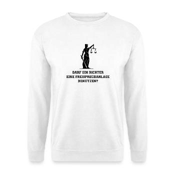 Darf ein Richter eine Freisprechanlage benutzen? - Unisex Pullover - Weiß - Vorne - Alina (178cm) & Michal (187cm)