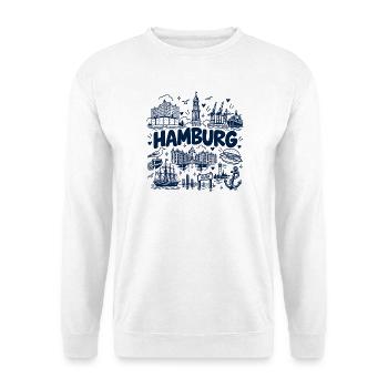 Hamburg Skyline - Sonnenuntergang - Alster - Elbe - Unisex Pullover - Weiß - Vorne - Alina (178cm) & Michal (187cm)