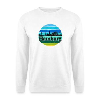Hamburg Skyline - Sonnenuntergang - Alster - Elbe - Unisex Pullover - Weiß - Vorne - Alina (178cm) & Michal (187cm)