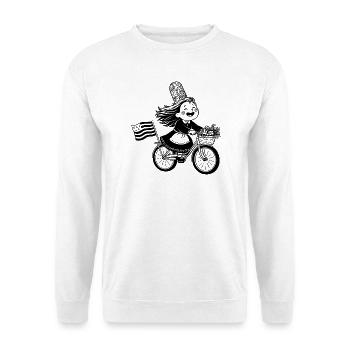 Süßes Bigouden-Mädchen auf dem Fahrrad mit bretonischer Flagge - Unisex Pullover - Weiß - Vorne - Alina (178cm) & Michal (187cm)