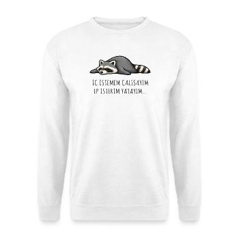 Trakya Lehçesi Hiç İstemem Çalışayım Raccoon - Unisex Pullover - Weiß - Vorne - Alina (178cm) & Michal (187cm)
