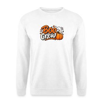 Boo Crew – Süßes Halloween Kürbis mit Geist - Unisex Pullover - Weiß - Vorne - Alina (178cm) & Michal (187cm)