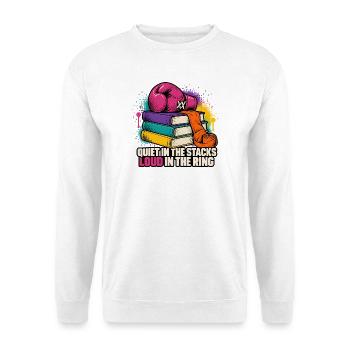 Kampfgeist im Bücherstapel - Unisex Pullover - Weiß - Vorne - Alina (178cm) & Michal (187cm)