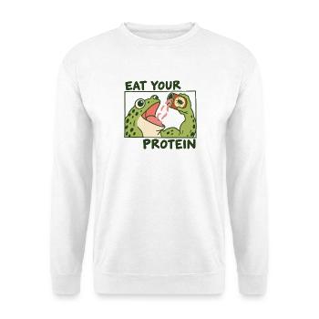Lustig: Eß deinen Protein-Gym-Frosch - Unisex Pullover - Weiß - Vorne - Alina (178cm) & Michal (187cm)