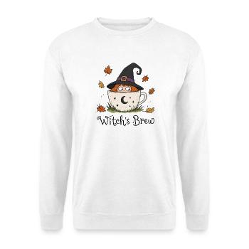 Süße Hexe in Kaffeetasse – Witch's Brew Herbst - Unisex Pullover - Weiß - Vorne - Alina (178cm) & Michal (187cm)