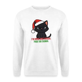 Lustige Weihnachtskatze wütende Stimmung Gieß den Eierlikör ein - Unisex Pullover - Weiß - Vorne - Alina (178cm) & Michal (187cm)