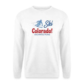 Retro Ski Colorado Unerforschte Gipfel - Unisex Pullover - Weiß - Vorne - Alina (178cm) & Michal (187cm)