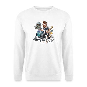 Pflegeheld im Einsatz Chaos Humor - Unisex Pullover - Weiß - Vorne - Alina (178cm) & Michal (187cm)