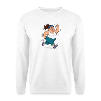 Korpulente Comic Frau beim Jogging Sport Spaß Shir - Unisex Pullover - Weiß - Vorne - Alina (178cm) & Michal (187cm)