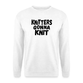 Stricken Strickerin Stricker - Knitters gonna knit - Unisex Pullover - Weiß - Vorne - Alina (178cm) & Michal (187cm)