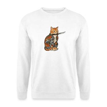 Tattoo Katze mit Messer - Unisex Pullover - Weiß - Vorne - Alina (178cm) & Michal (187cm)