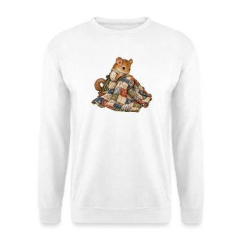 Haselmaus repariert eine alte Patchworkdecke - Unisex Pullover - Weiß - Vorne - Alina (178cm) & Michal (187cm)