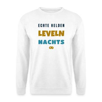 Echte Helden leveln nachts Gamer Spruch - Unisex Pullover - Weiß - Vorne - Alina (178cm) & Michal (187cm)